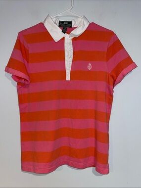Lauren Ralph Lauren Pink and Orange Striped Polo with White Placket XL